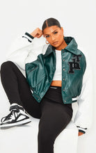 Load image into Gallery viewer, Women Sea Green Varsity Leather Jacket With White Sleeves
