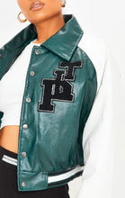 Load image into Gallery viewer, Women Sea Green Varsity Leather Jacket With White Sleeves
