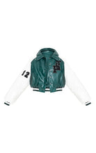 Load image into Gallery viewer, Women Sea Green Varsity Leather Jacket With White Sleeves
