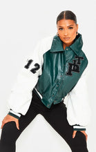 Load image into Gallery viewer, Women Sea Green Varsity Leather Jacket With White Sleeves
