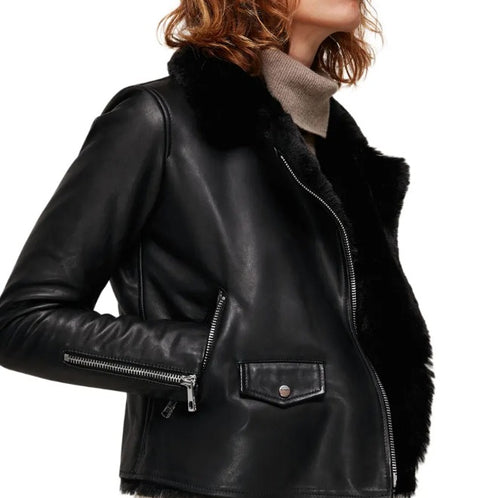 Women Sheepskin Black Biker Leather Jacket