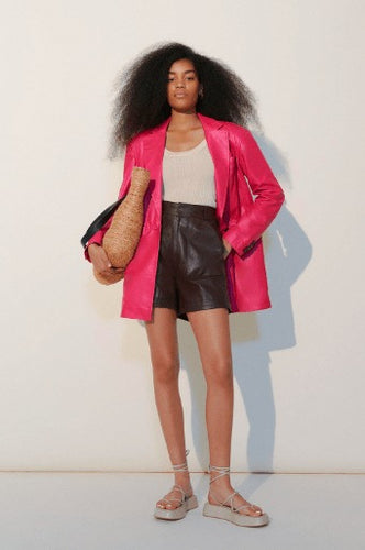 Women Single Breasted Pink Leather Blazer
