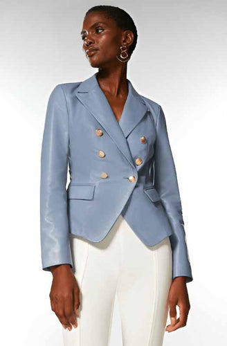 Women Stone Blue Leather Blazer with Golden Button