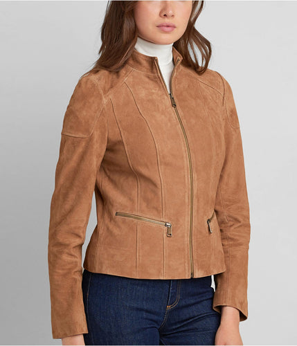 Women Suede Biker Leather Jacket in Tan Brown