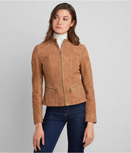 Load image into Gallery viewer, Women Suede Biker Leather Jacket in Tan Brown
