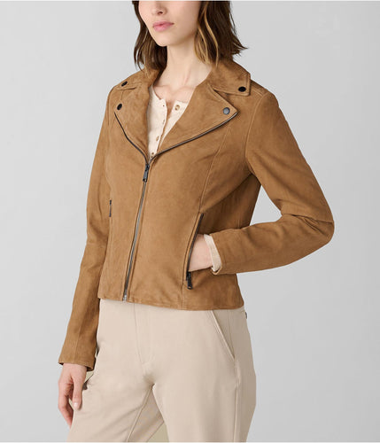Women Suede Leather Jacket in Tan Brown