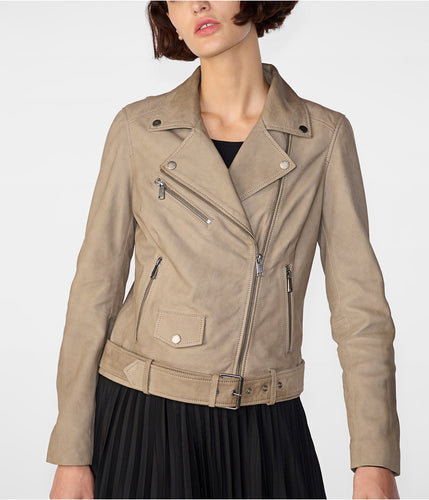 Women Tan Beige Biker Suede Leather Jacket