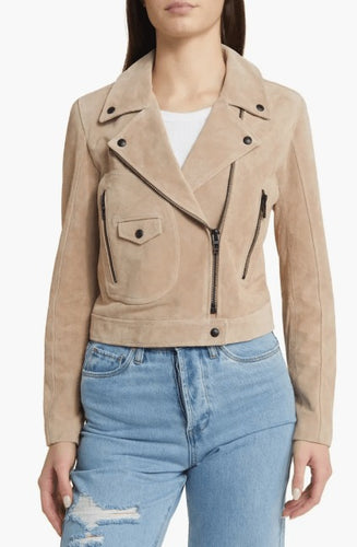Women Tan Beige Suede Biker Leather Jacket