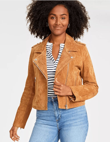 Women Tan Brown Biker Suede Leather Jacket