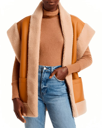 Women Tan Brown Leather Shearling Vest