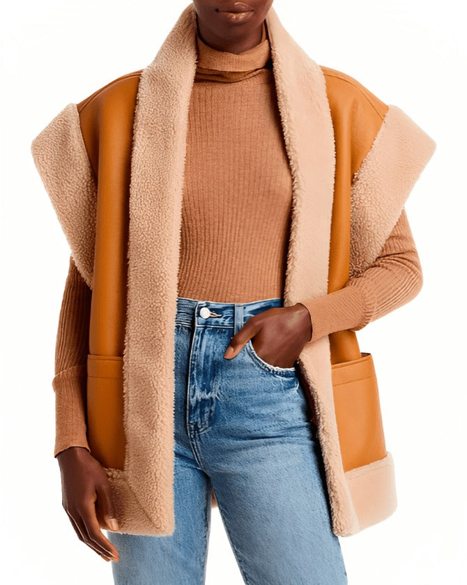 Women Tan Brown Leather Shearling Vest