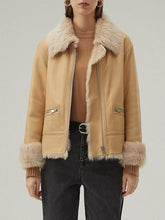 Load image into Gallery viewer, Women Tan Brown Shearling Bomber Leather Jacket
