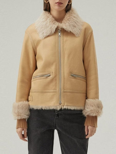 Women Tan Brown Shearling Bomber Leather Jacket