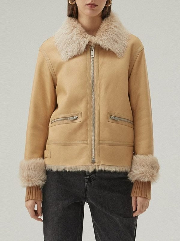 Women Tan Brown Shearling Bomber Leather Jacket