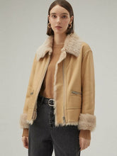 Load image into Gallery viewer, Women Tan Brown Shearling Bomber Leather Jacket
