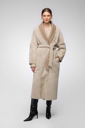 Women Tan Brown Shearling Leather Coat With Belted Waist