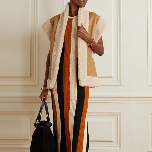 Women Tan Brown Shearling Leather Vest with Open Closure