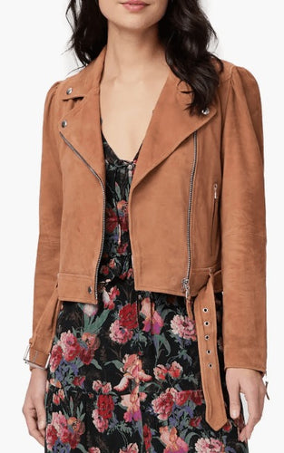 Women Tan Brown Suede Leather Biker Jacket