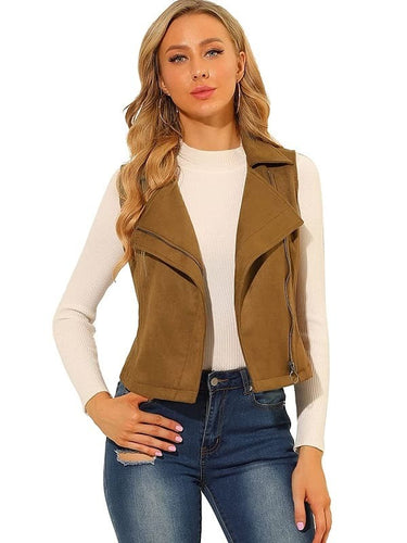Women Tan Brown Suede Leather Biker Vest