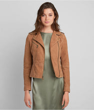 Load image into Gallery viewer, Women Tan Brown Suede Leather Moto Jacket
