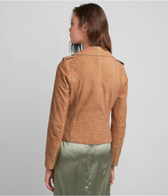 Load image into Gallery viewer, Women Tan Brown Suede Leather Moto Jacket
