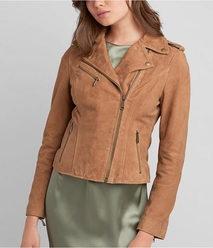 Women Tan Brown Suede Leather Moto Jacket