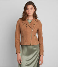 Load image into Gallery viewer, Women Tan Brown Suede Leather Moto Jacket
