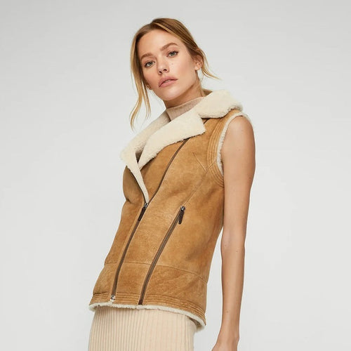 Women Tan Brown Suede Shearling Leather Vest