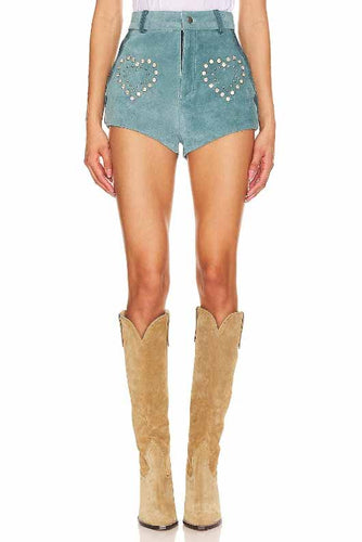 Women Turquoise Suede Leather Fringe Short