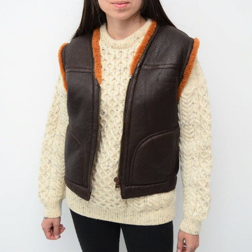Women Vintage Leather Shearling Vest in Dark Brown