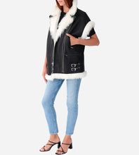 Load image into Gallery viewer, Women White Fur Black Leather Biker Vest
