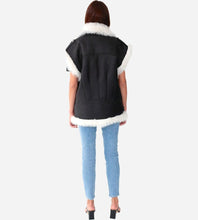 Load image into Gallery viewer, Women White Fur Black Leather Biker Vest
