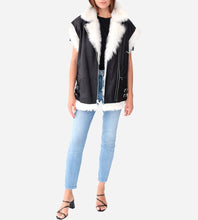 Load image into Gallery viewer, Women White Fur Black Leather Biker Vest
