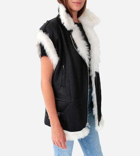 Women White Fur Black Leather Biker Vest