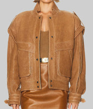 Load image into Gallery viewer, Women Camel Brown Oversized Leather Jacket
