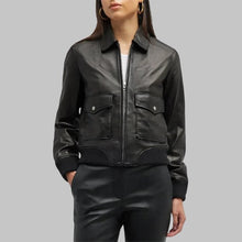 Load image into Gallery viewer, Women Classic Black Leather Bomber Jacket
