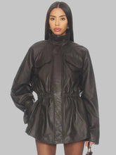 Load image into Gallery viewer, Women Classic Black Oversized Cinched Leather Field Coat
