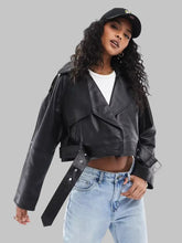 Load image into Gallery viewer, Women Classic Black Oversized Cropped Leather Biker Jacket
