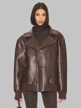 Load image into Gallery viewer, Women Classic Dark Brown Oversized Leather Bomber Jacket
