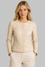 Load image into Gallery viewer, Front View of Women Cream Leather Collarless Jacket
