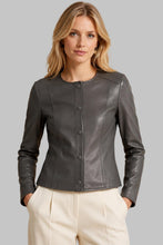 Load image into Gallery viewer, Front View of Women Dark Gray Real Leather Collarless Jacket
