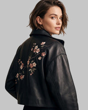 Load image into Gallery viewer, Women Flower Embroidered Black Leather Biker Jacket
