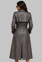 Load image into Gallery viewer, Back View of Women Gray Double Breasted Leather Trench Coat

