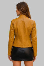 Load image into Gallery viewer, Back View of Women Mustard Yellow Crocodile Embossed Leather Jacket
