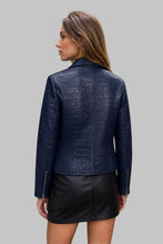 Load image into Gallery viewer, Back View of Women Navy Blue Crocodile Embossed Leather Jacket
