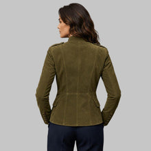 Load image into Gallery viewer, Back View of Women Olive Green Suede Leather Military Style Jacket

