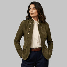 Load image into Gallery viewer, Front View of Women Olive Green Suede Leather Military Style Jacket

