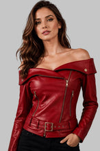 Load image into Gallery viewer, Front View of Women Red Off Shoulder Leather Jacket
