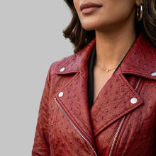 Load image into Gallery viewer, Close Up of Women Red Ostrich Embossed Leather Biker Jacket
