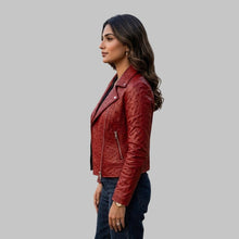 Load image into Gallery viewer, Side View of Women Red Ostrich Embossed Leather Biker Jacket

